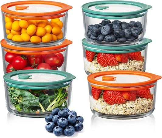 Wissy&Konny 2 Cup Glass Storage Containers with Glass Lids 6 Pack, 100% Plastic Free Borosilicate Meal Prep Containers, Silicone Framed Airtight & Leakproof Lids, Microwave Dishwasher Freezer Safe