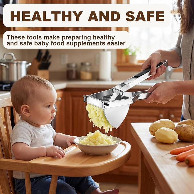 15oz Potato Ricer with 4 Plates - Heavy Duty Stainless Steel Masher for Silky or Chunky Potatoes, Carrots & Baby Food,Dishwasher Safe,Home Essentials,Supplies