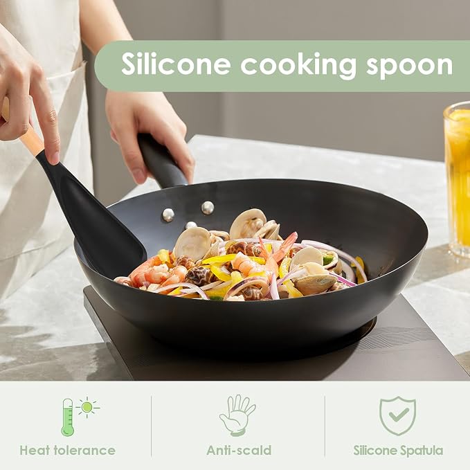 8Pack Silicone Cooking Spoons, Wooden Handle Spatula Spoon for Non-Stick Cookware, Black 4 Large 4 Small Heat Resistant Kitchen Utensils for Stirring, Scooping, Scraping, Dishwasher Safe