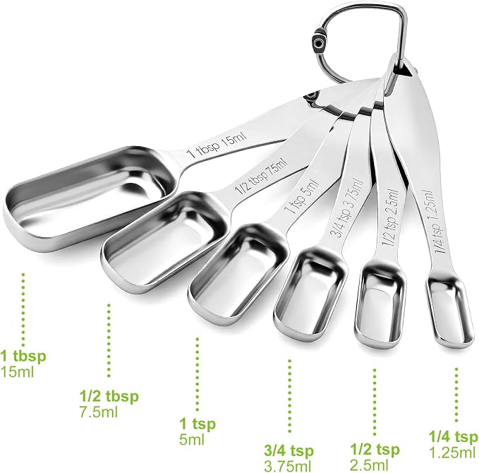 FANGSUN Stainless Steel Narrow Measuring Spoons, Metal Measuring Spoons with Long Handle and Engraved Measurements Set of 6, For Dry or Liquid, Fits in Spice Jar