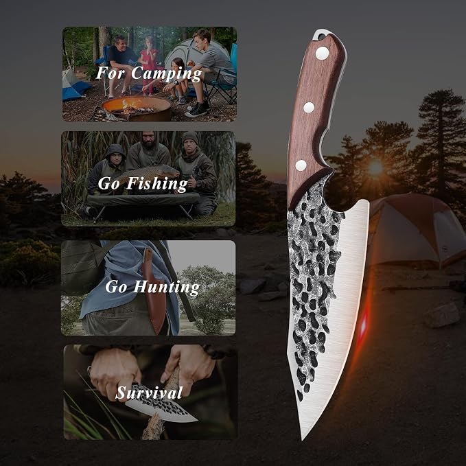 Huusk Viking Knife with Sheath - Hand Forged Boning Knife for Meat Cutting, Japanese Chef Knives for Kitchen, Outdoor Camping, Gift for Men and Women