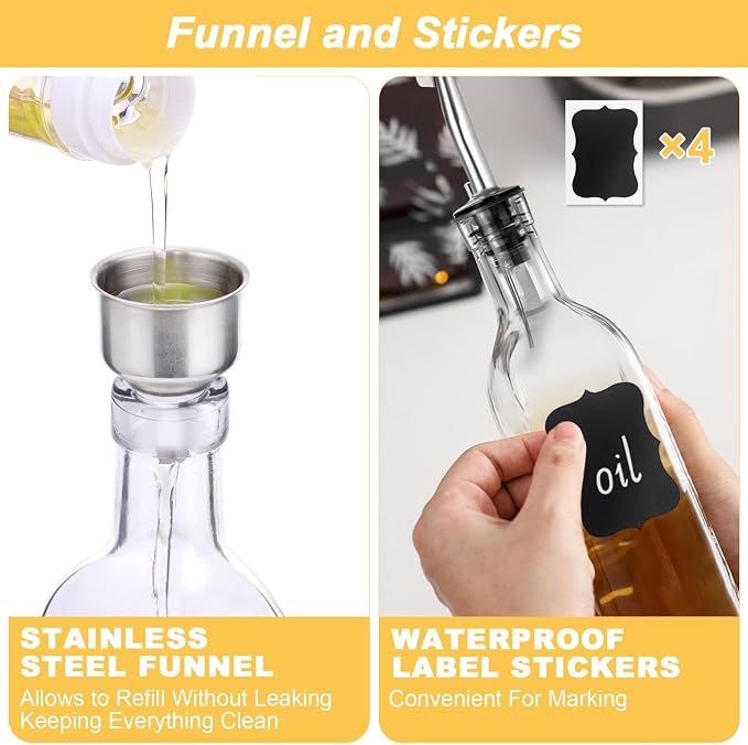 Olive Oil Dispenser Bottle, 2-Pack 500ml Glass Oil Dispenser for Kitchen with Stainless Steel Pourers - Oil and Vinegar Bottles Set Includes 2 Spouts, 4 Labels, 1 Funnel & 1 Brush
