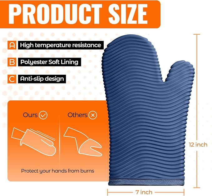 YUTAT Silicone Oven Mitts,Heat Resistant Oven Gloves with Soft Polyester Filling,Perfect for Baking and Cooking,Blue,2 Pcs Set
