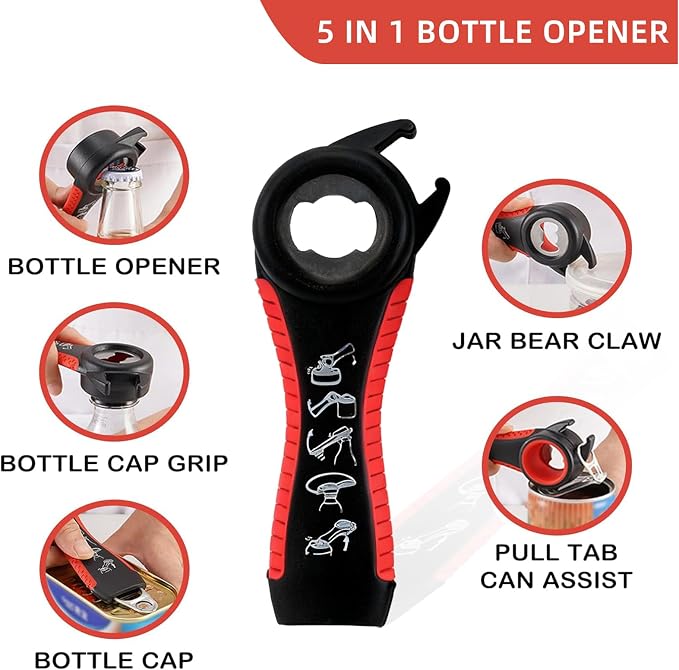 Jar Opener for Seniors with Arthritis,Jar Opener for Weak Hands,5-in-1 Bottle Opener,4-in-1 Can Opener… (Red)