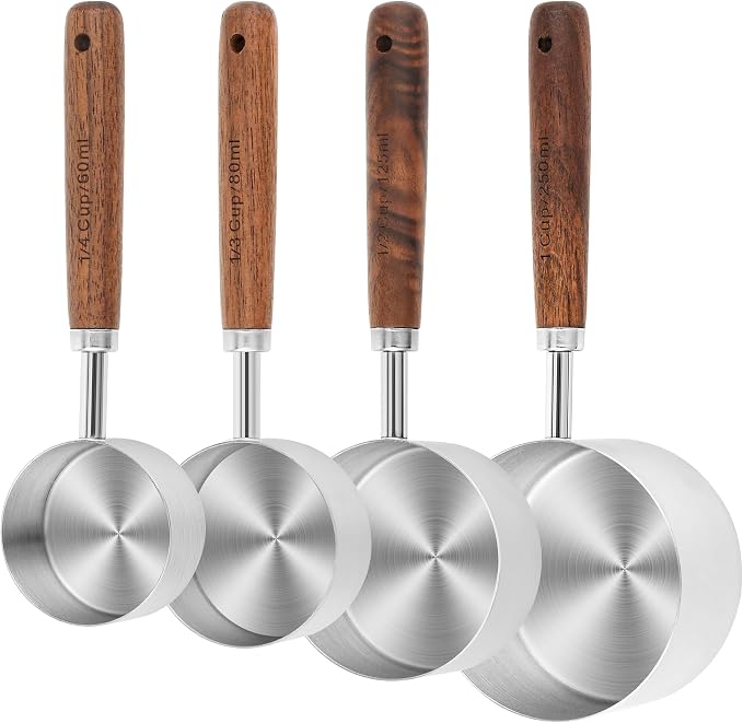Measuring Cups and Spoons Set 8, 18/8 Stainless Steel Measuring Cups and Spoons Set for Baking and Kitchen, Metric & US Metal Measure Cup & Spoon with Wood Handle for Dry & Liquid
