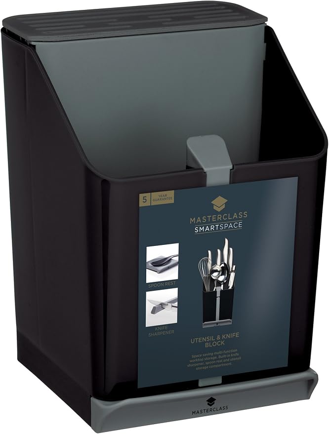 MasterClass Smart Space All-in-1 Block and Utensil Holder with Ceramic Knife Sharpener, 15.5 x 14.5 x 20.5 cm (6" x 5.5" x 8") -Black/Grey, 15.3 x 14.5 x 20.5 cm