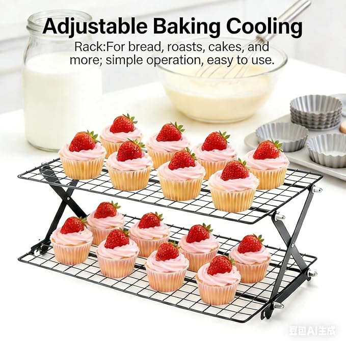Collapsible Cooling Rack, Adjustable Stainless Steel Drying Rack (FOLD-2-TIER) | X-Shaped Structure Wire Cooling Rack for Baking, Cookies, Cake, Fruit, Bread,Roasting, Grilling, Drying Rack, Dishwasher Safe