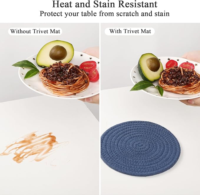 SHACOS 8 Inch Trivets for Hot Dishes, 4 Pcs Cotton Trivets Mats for Kitchen, Hot Pads for Countertops and Table, Heat-Resistant Pot Holders for Hot Pots and Pans(Blue+Dark Grey) (Pack of 2)