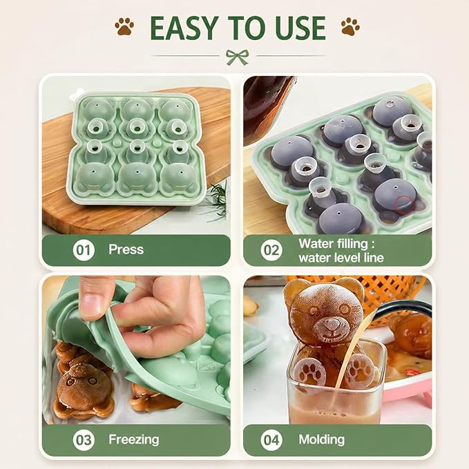 Bear Ice Cube Tray Mold - Cute Fun Whiskey Ice Molds Gifts for Women Men | 3D Bear Shape Cute Ice Molds for Whiskey Bourbon, 4-Hole Large Fun Shapes Funny Gifts, for Animals Lovers Women Men
