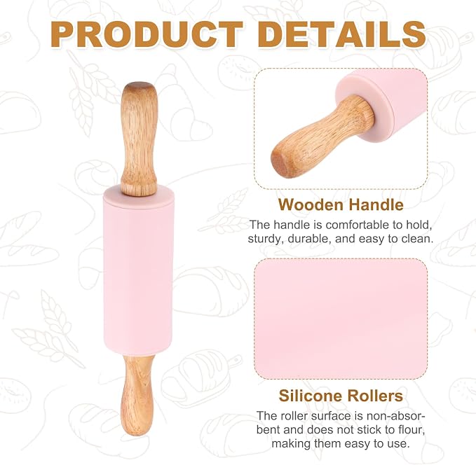 uxcell Rolling Pins for Baking, 9 Inch Silicone Non-Stick Rolling Pin Baking Roller Wooden Handle for Home Kitchen Dough Cookies Pastry, Pink
