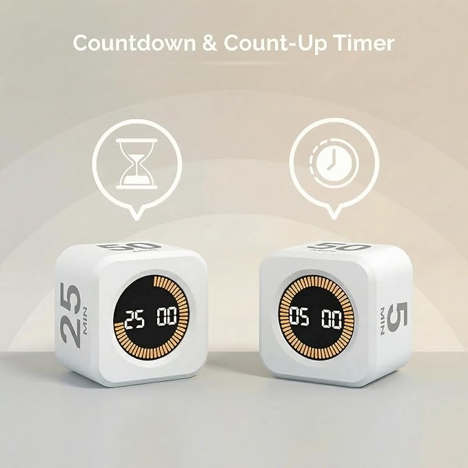 2 Pack - KADAMS Pomodoro Cube Timer Productivity Visual Timer - 5/10/25/50 Min Rotating Countdown (2, White)