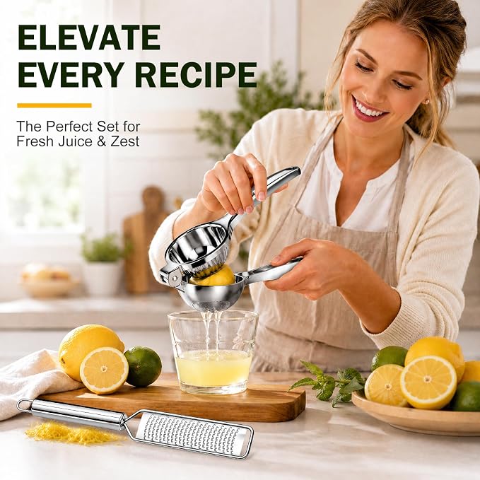 Lemon Squeezer & Zester Set, Large Bowl Stainless Steel Citrus Juicer, Heavy Duty Handheld Lime Press with Seed Filter, Lime Juicer and Citrus Grater for Cocktails, Cooking & Cheese