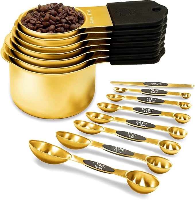 Magnetic Measuring Cups & Spoons Set, Strong N45 Magnets, Heavy Duty Stainless Steel Fits in Spice Jars for Baking & Cooking, BPA Free, Round Set of 15 with Leveler,Gold