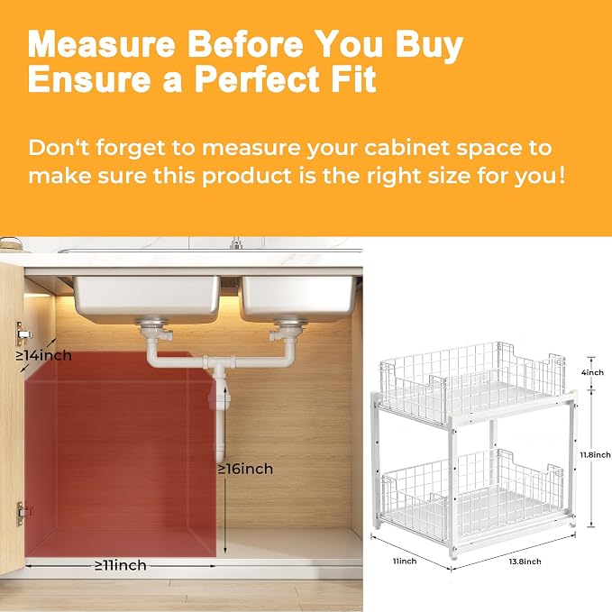 Under Sink Organizer, 2-Tier Pull Out Cabinet Organizer, Kitchen Bathroom Organizer and Storage, Spice Rack for Kitchen, Multi-use Sliding Drawers Shelves (1, white)