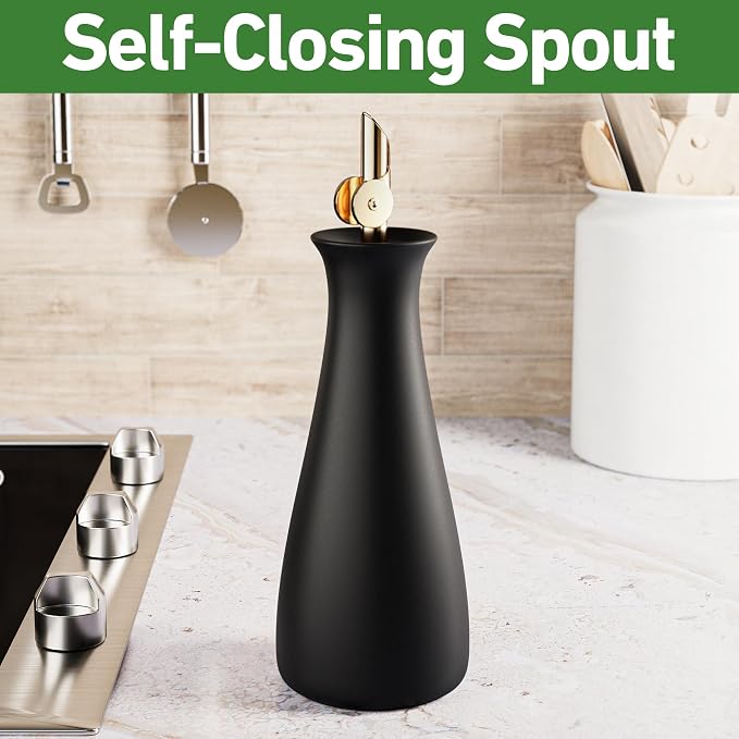 Ceramic Olive Oil Dispenser with Self-Closing Gold Spout, 530mL, Leakproof | Leak Proof EVOO Dispensing Bottle, Stainless Steel Self-Closing Spout, Ergonomic, Durable, Easy Pour, Stylish, 530mL Capacity