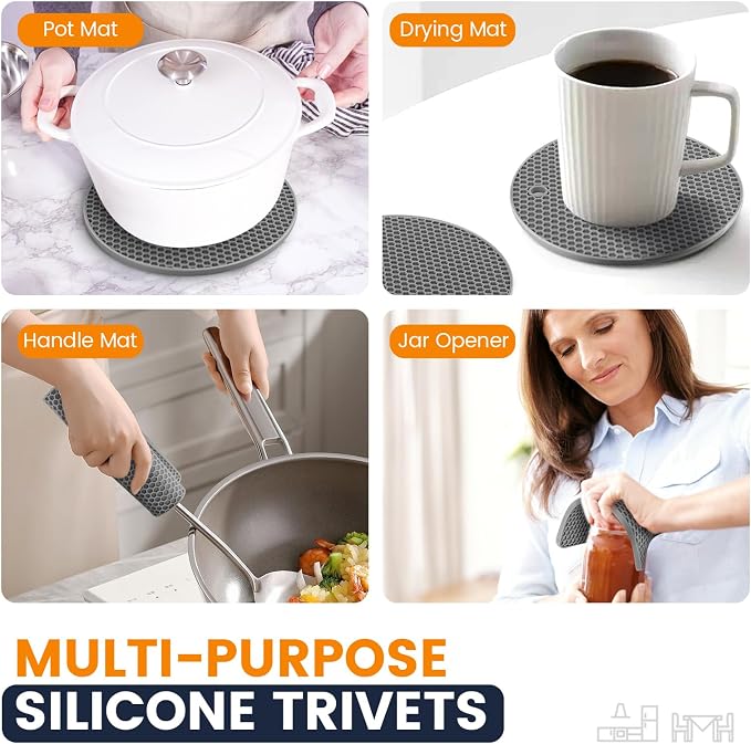 Silicone Trivet Mats 4 Heat Resistant Pot Holders Multipurpose Non-Slip Hot Pads for Kitchen Potholders, Drying mat, Jar Opener, Spoon Holder, Coaster(Dark Grey)