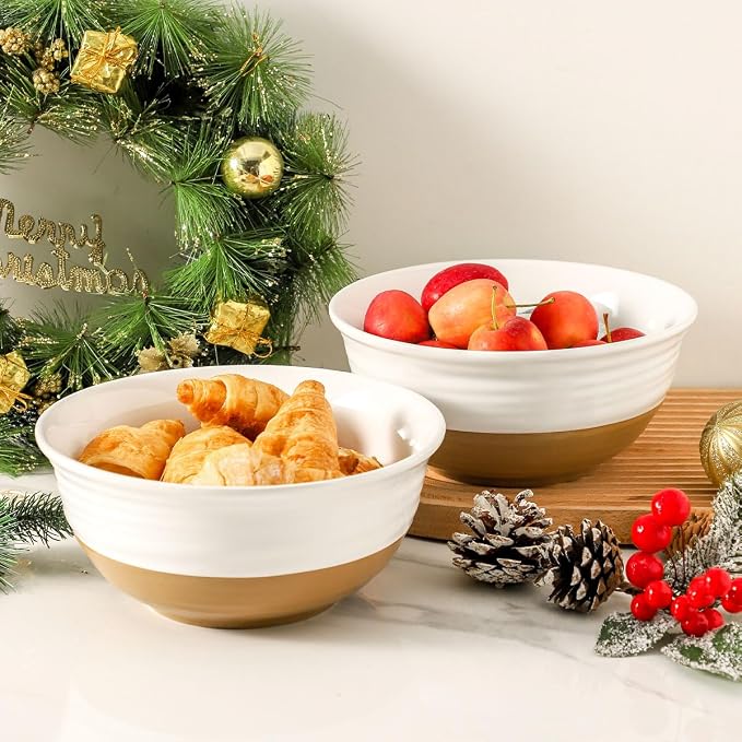 HASENSE Large Ceramic Serving Bowls Set of 2, 60 Oz 8.5 Inch White & Terracotta Stoneware Bowls, Farmhouse Bowls for Salad, Soup & Pasta, Dishwasher & Microwave Safe, Christmas Entertaining Dishes