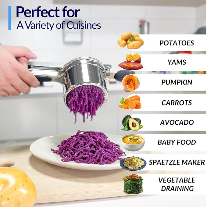 SPEENSUN Potato Ricer,15oz Stainless Steel Ricer for Mashed Potatoes | Heavy Duty Fixed Disc Potato Press with Silicone Handle, Makes Fluffy Mashed Potatoes, Also Works as A Spaetzle Maker