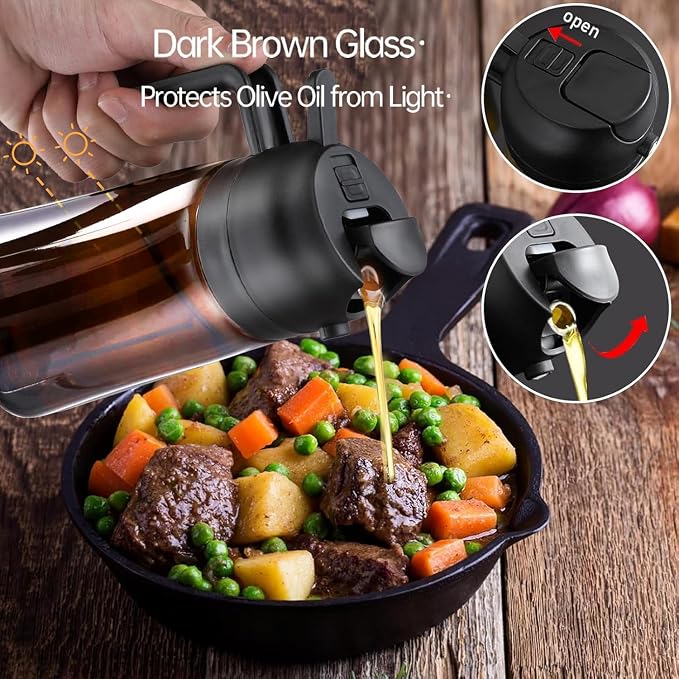 2 In 1 Oil Sprayer for Cooking, 16oz Olive Oil Dispenser Bottle for Kitchen with Light Blocking, Food-Grade Glass Oil Spray Pourer Mister for Air Fryer, Salad, BBQ (Dark Brown, 8 Labels Included)