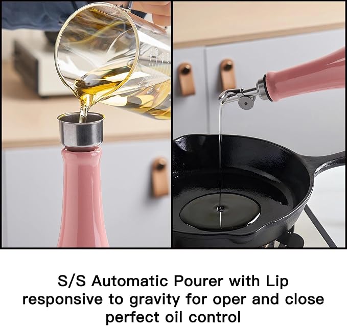 YOLIFE Olive Oil Dispenser Bottle, 15oz Ceramic Oil Dispenser for Kitchen | Oil Bottle with Gravity Spout, Leak Proof EVOO Dispensing Bottle with 2 Spouts and 1 Funnel for Vinegar, Juice(Red)