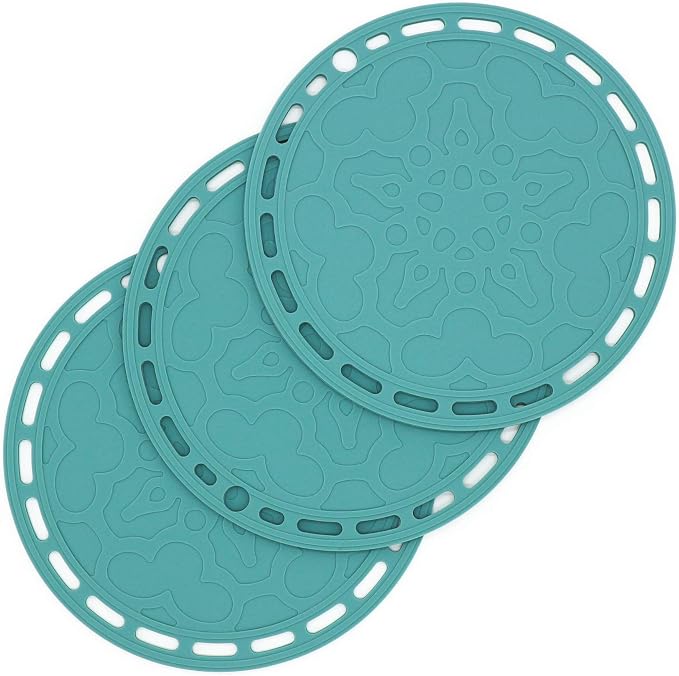 Teal Trivets Mats for Hot Pots and Pans, Big Round Silicone Pot Holder Hot Pads for Hot Dishes, Mats for Countertops, Tables, Spoon Rest Small Place Mats Set of 3