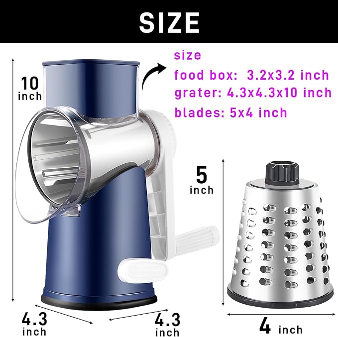 Weltonhm Rotary Cheese Grater with 4 Blades, Large Hand Crank Cheese Grater with Waffle Slicer, Blue Cheese Shredder with Suction Base, Easier for Shredding& Grating (Blue, 4 Graters)