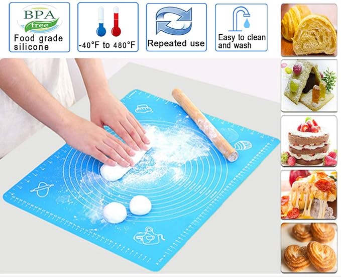Silicone Baking Mat with Measurements – Heat Resistant, BPA Free, Non-Stick Pastry Mat for Rolling Dough – Easy to Clean Silicone Mat - Does Not Discolor-Blue