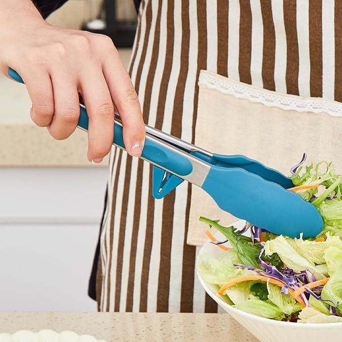 Kitchen Tongs for Cooking, 9 Inch Small Silicone Tongs, Food Grade Mini Serving Tongs with Silicone Tips, Set of 3, Peacock Blue