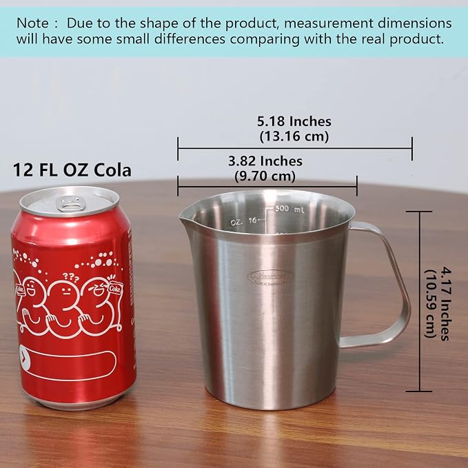 Newness Stainless Steel Measuring Cup, Metal Measuring Cup with Handle (Upgraded, 3 Marking Including Cup/ML/Ounce Scale), 16 Ounces (0.5 Liter, 2 Cup) (Pack of 2)