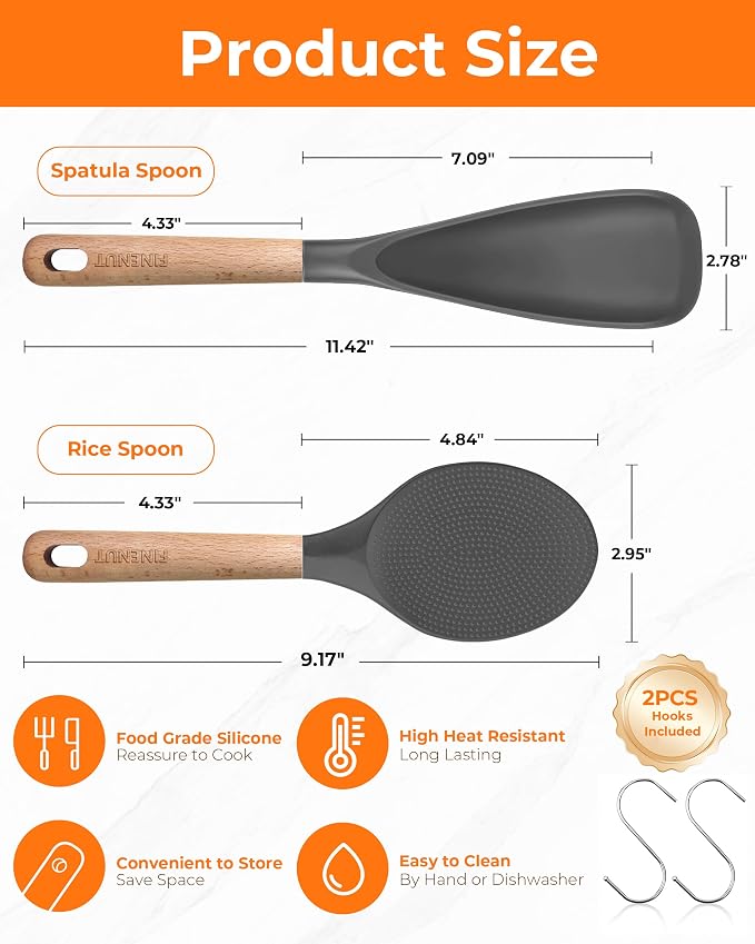 Cooking Spoon Multifunction Spoonula Silicone Spatula Spoon 2-Pack, Dual-Use Heat Resistant 446°F, BPA-Free Non-Toxic Wooden Handle Rice Spoon Set for Non-Stick Cookware & Rice Cookers (Gray)