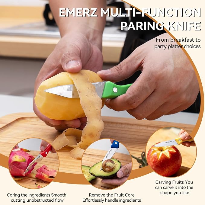 Paring Knife Set of 4, Stainless Steel Paring Knives,3.5inch,Ergonomic Plastic Triple Rivet Handle,Sharp Small Kitchen Knife for Peeling Coring Cutting,Colorful Parers for Fruit&Vegetable