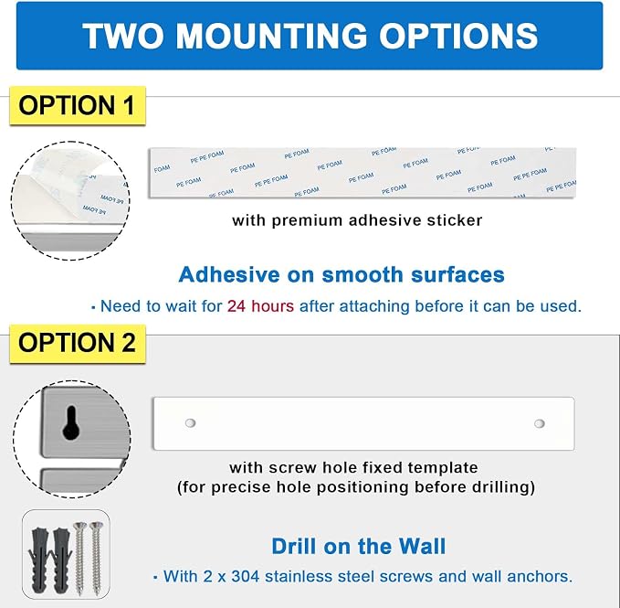 12 Inch Magnetic Knife Holder for Wall with 6 Hooks No Drill-Double Magnetic Bar Strong Adhesive Knife Magnetic Strip-Kitchen Utensil Hanger-304 Stainless Steel Magnetic Kitchen Knife Rack