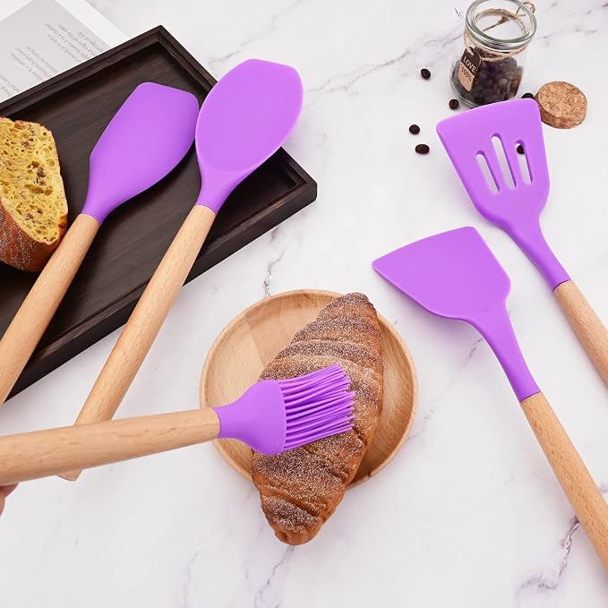 1pc Purple Silicone Flexible Spatula Set with Wooden Handle, Heat Resistant Rubber Cooking Utensils Spatula, Ideal Cookware for Cooking, Baking and Mixing.