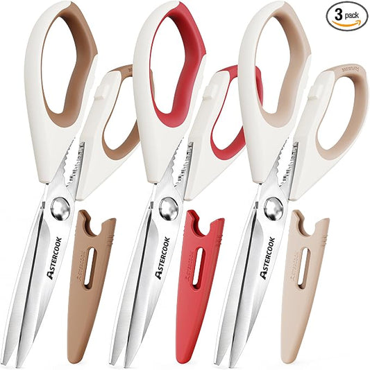 Astercook Kitchen Scissors 3 Pack, Heavy Duty All Purpose Kitchen Shears for Food and Packaging, Stainless Steel Food Scissors for Meat, Poultry, Herbs and Vegetables, Dishwasher Safe