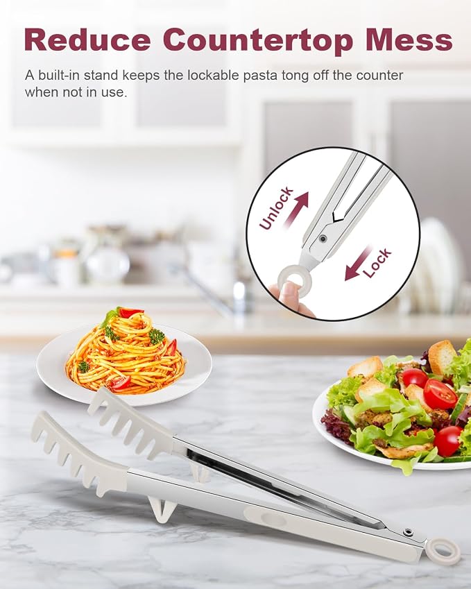 2-Piece Silicone Spaghetti Spoon and Pasta Tong Set, Heat-Resistant Non-Stick Noodle Server with Teeth, 13“ BPA-Free Spaghetti Strainer Fork, Stainless Steel Handle for Pasta Cooking, Beige