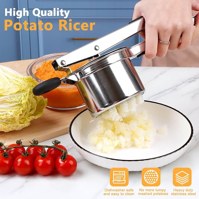 KAYCROWN Potato Ricer With 4 Discs, Heavy Duty Stainless Steel Potato Masher and Ricer for Mashed Potatoes Tool, Spaetzle Maker Lemon Squeezer