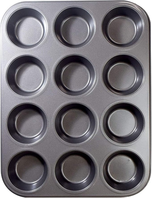 12 Cups Muffin and Cupcake Pan, Nonstick Brownie Cake Pan, Carbon Steel bakeware for Oven Baking Gray
