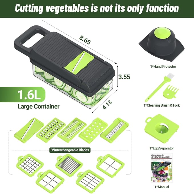 StoreHappily 12-in-1 Vegetable Chopper, 10 Blades Veggie Chopper with Container and Lid, Dicer, Slicer, Multifunctional Kitchen Gadgets, Vegetable Cutter with Handle, Onion Cutter(Green/Grey)