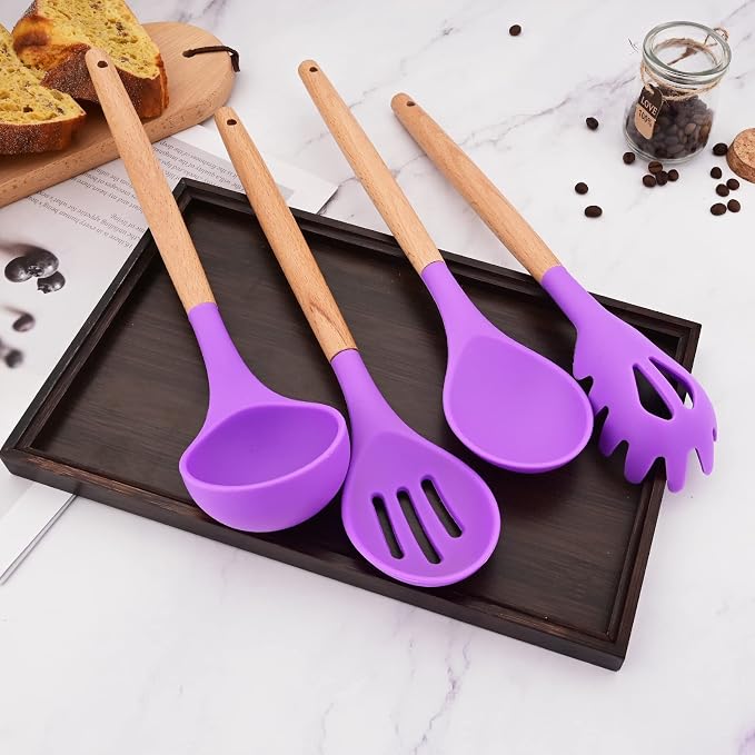1pc Purple Silicone Solid Spoons for Cooking Heat Resistant Cooking Utensils Mixing Serving Spoons for Kitchen Cooking Baking Stirring Mixing Tools