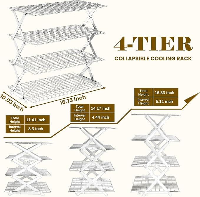 BEWOS 4 Tier Collapsible Cooling Rack - Adjustable Stainless Steel Baking Rack with Leak-Proof Mesh, X-Shaped Structure Cooling Rack for Cooking and Baking, Dishwasher Safe