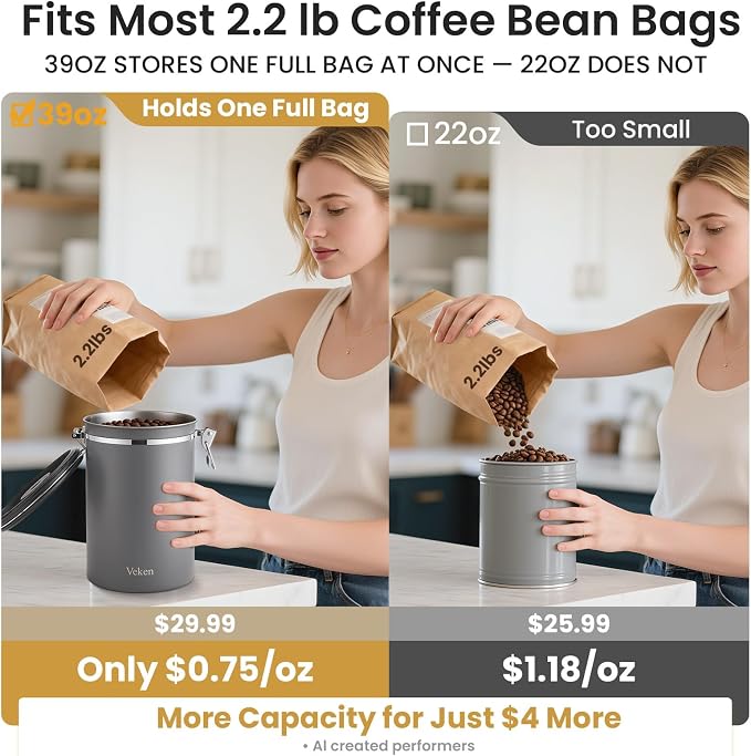 Veken Coffee Canister,39OZ, 2.2lbs,Large Airtight Stainless Steel Container | Kitchen Food Storage Jars for Beans,Ground, Espresso, Rice,Tea, Sugar,Cookie, Bar Accessories,Gifts, Scoop, Gray