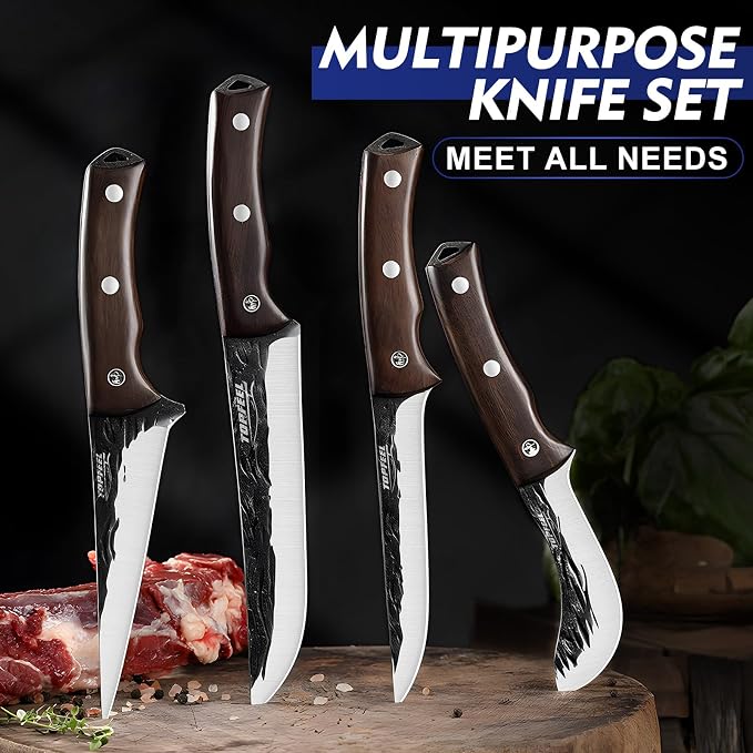 Topfeel 4PCS Hand Forged Butcher Knife Set - Slicing Knife,Boning Knife, Dividing Knives,Skinning Butcher Knives,High Carbon Steel Meat Cutting cleaver for Home Kitchen & Outdoor