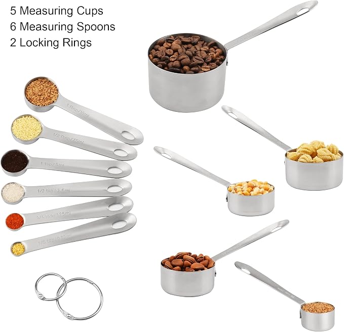 Measuring Cups and Spoons Set, 18/8 Stainless Steel Measuring Cups and Spoons Set, 5 Metal Measuring cup & 6 Baking Measuring Spoon, Imperial & Metric Measure Cup and Spoon Set 11