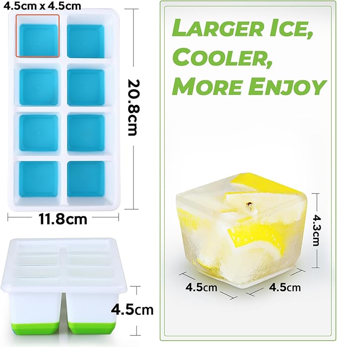 Large Ice Cube Trays with Lid, Jrisbo 2 Pack Stackable Silicone Ice Cube Molds for Freezer, Easy Release 16 Big Square Ice Trays for Whisky Cocktails (Blue)