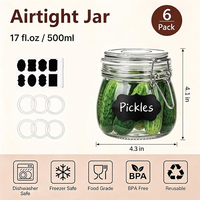 6 Pack 17oz Glass Jars with Airtight Lids, Wide Mouth Glass Storage Jars | Mason jar, Small Airtight Food Storage Containers for Kitchen Pantry Organization, Jams, Nuts, Snacks, Spices, Coffee&Pickles
