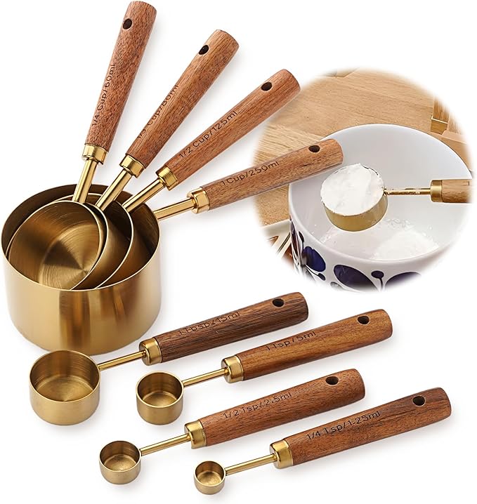 Premium Stainless Steel Measuring Cups and Spoons Set with Wood Handle | 8-Pieces Kitchen Essentials for Baking, Cooking, Coffee with Ergonomic Grip & Engraved Markings (Gold8)
