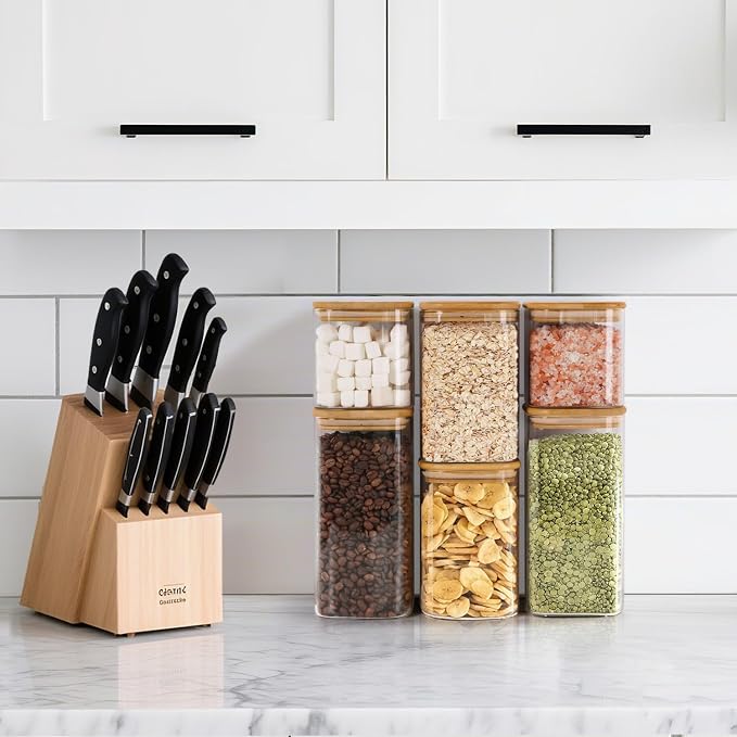 ComSaf Glass Pantry Storage Containers (0.7Qt/1.2Qt/1.6Qt) Set of 6, Square | Glass Storage Containers with Lids, Kitchen Canisters, Pantry Jar, Bamboo Lid with Silicone Seal, Flour Cereal Tea, BPA Free