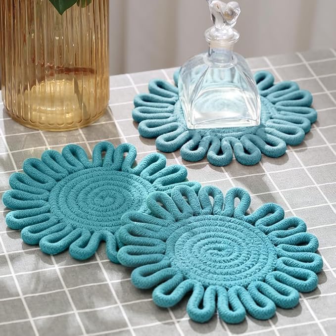 Kitchen Trivets for Hot Dishes Potholders for Countertop Hot Pads Hot Mats or Trivets for Hot Pots and Pans Home Essentials Boho Farmhouse Kitchen Decor Set of 3, 100% Cotton,7.5" (Turquoise)