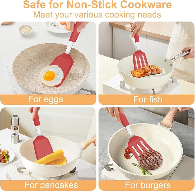 Beijiyi 2 Pack Silicone Spatula Set, Heat Resistant, for Nonstick Cookware | Flipping & Cooking, BPA Free, Flexible, Solid & Slotted Turner, Non-Toxic Kitchen Utensils, Non Scratch, Dishwasher Safe
