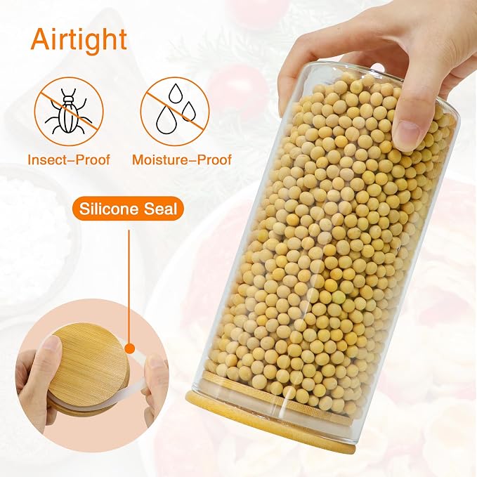 BGraceyy Glass Storage Jars 45 oz 4 Pcs Clear Glass Food Storage Containers with Airtight Bamboo Lid Stackable Kitchen Canisters for Candy, Cookie, Rice, Sugar, Flour, Pasta, Nuts